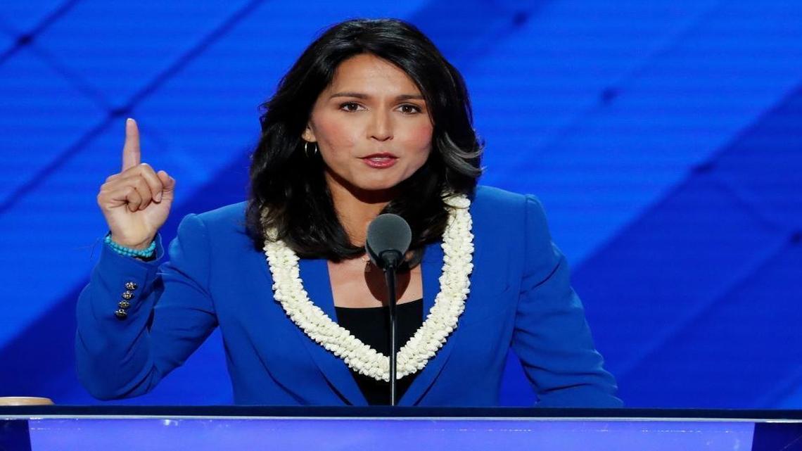 Rep. Tulsi Gabbard, D-HI., nominates Sen. Bernie Sanders, I-VT., for President of the United States during the second day of the Democratic National Convention in Philadelphia , Tuesday, July 26, 2016. Gabbard is meeting with President-elect Donald Trump on Monday, Nov. 21, 2016.