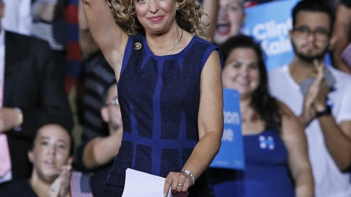 Rep. Debbie Wasserman Schultz during a campaign rally for Democratic presidential candidate Hillary Clinton and running mate Virginia Sen. Tim Kaine at Florida International University in Miami.