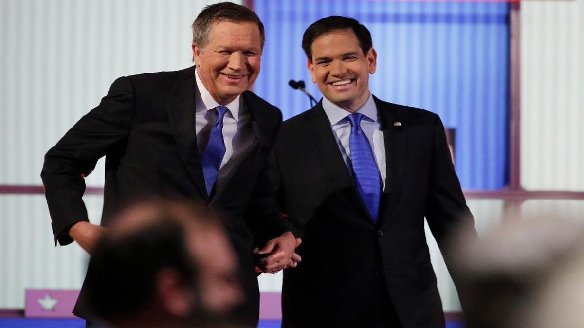 Republican presidential candidates Ohio Gov. John Kasich, left, and Sen. Marco Rubio, R-Fla., face must-win primaries in their home states Tuesday.They are photographed during a debate in North Carolina on Jan. 14, 2016.
