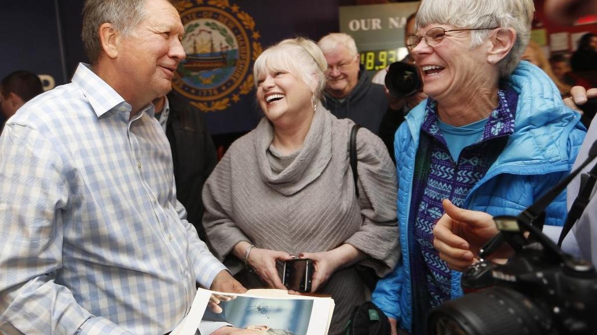 Republican presidential candidate, Ohio Gov. John Kasich speaks to voters during a campaign stop at a music club tavern called the Stone Church Monday in Newmarket, N.H.
