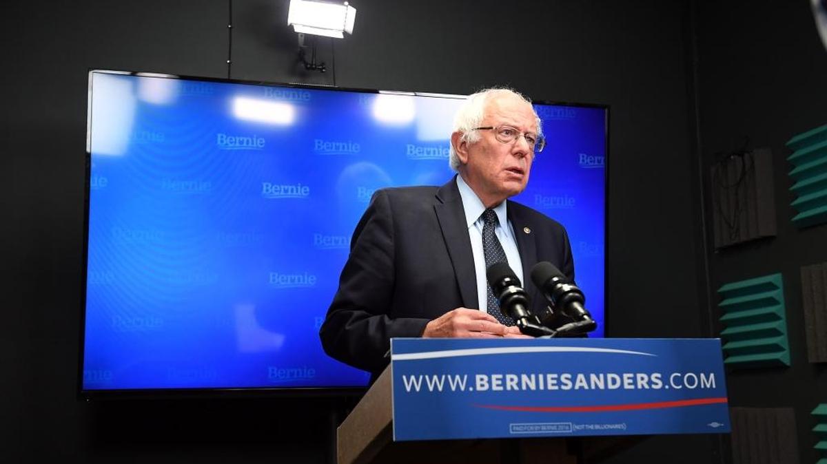 Presidential candidate, Bernie Sanders prepares to speak for a video to supporters at Polaris Mediaworks on Thursday June 16, 2016 in Burlington, Vt.