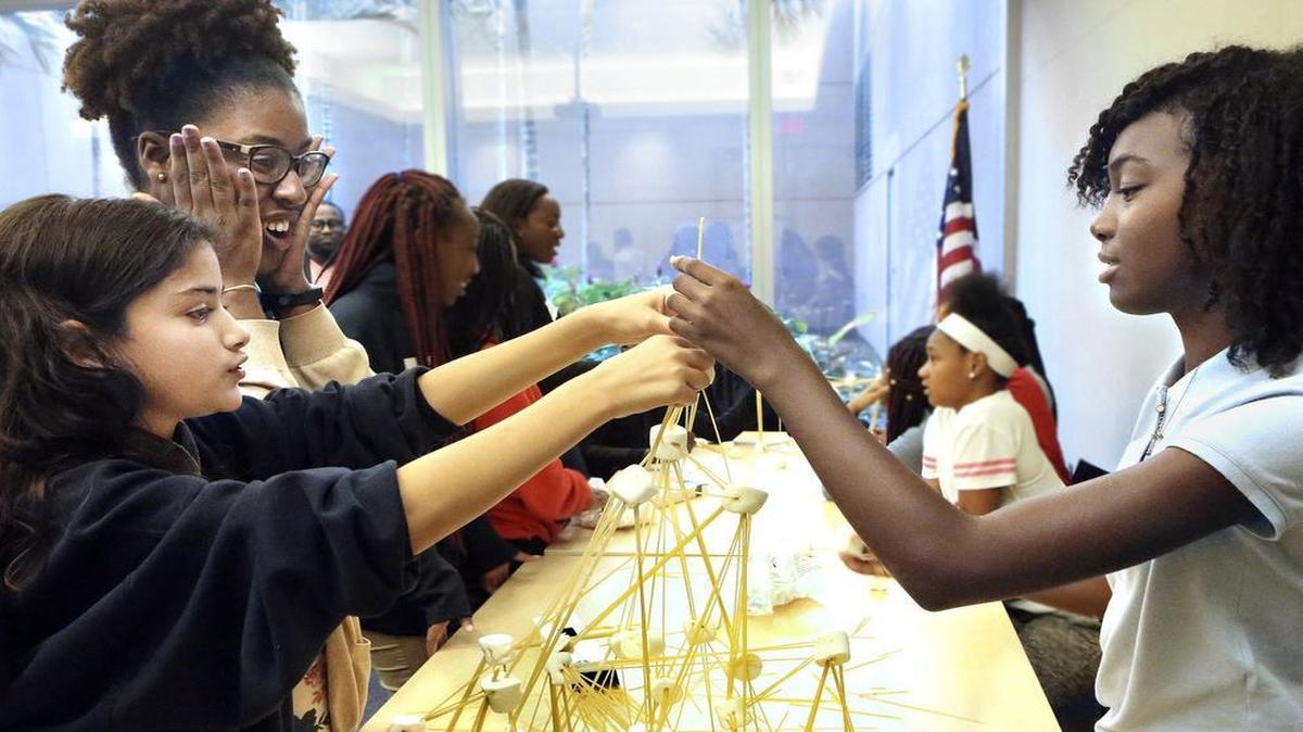 Charter school students explore design and architecture at the University of Miami Life Science & Technology Park in Miami.