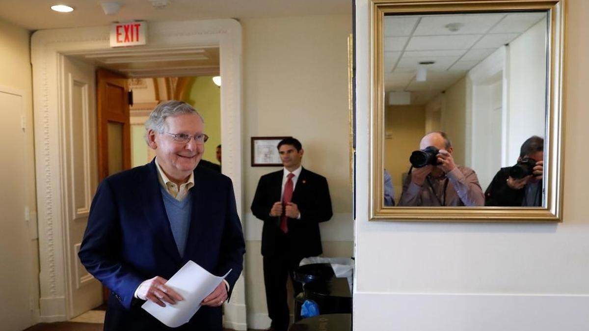 Senate Majority Leader Mitch McConnell of Ky. smiles as he arrives for a news conference on Capitol Hill in Washington, Wednesday, Nov. 9, 2016, to discuss Tuesday’s election.
