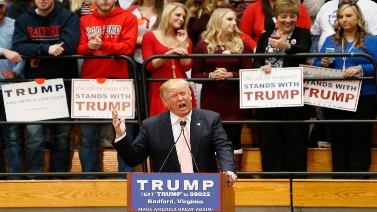 Republican presidential candidate Donald Trump gestures while speaking during a rally at Radford University in Radford, Va., Monday, Feb. 29, 2016.