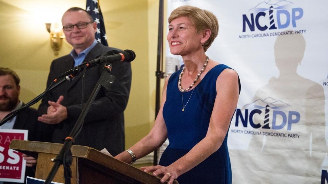 Deborah Ross, a Democrat who’s challenging North Carolina’s senior Republican U.S. senator, Richard Burr, speaks to supporters in March in Raleigh after winning the Democratic primary. Ross is one of several down-ballot candidates who might benefit from voter turnout for Hillary Clinton in November.
