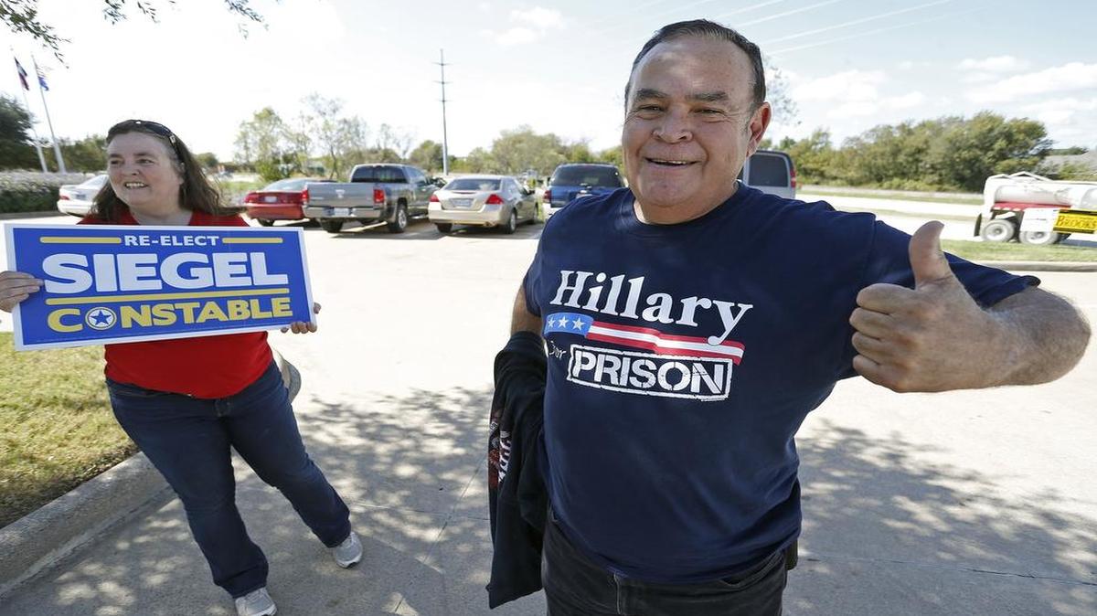 Trump supporters Stephanie Busby and Roy Martinez at the Southwest Sub-Courthouse on Granbury Road in Fort Worth.