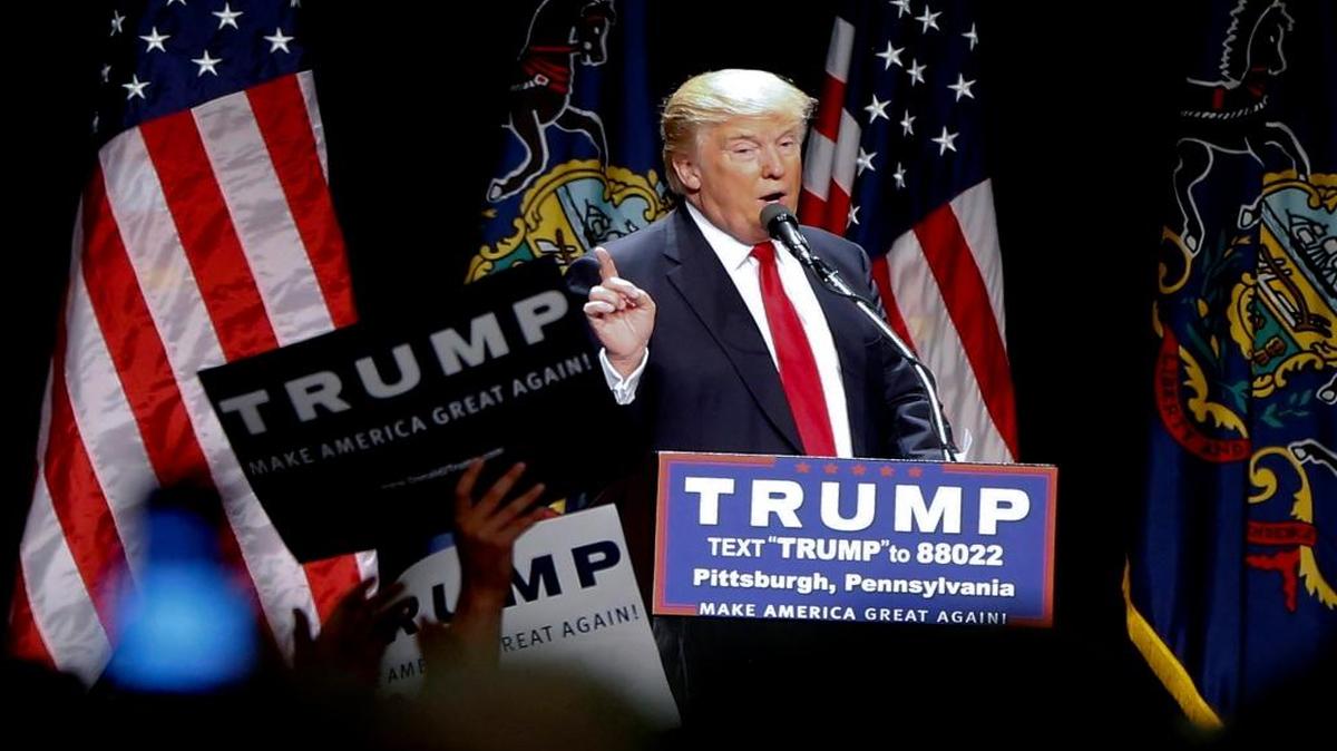 Republican presidential candidate Donald Trump speaks during a campaign rally in Pittsburgh, Wednesday, April 13, 2016.