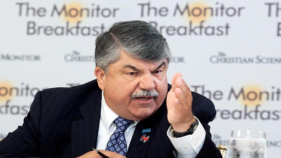AFL-CIO President Richard Trumka discusses the upcoming presidential election during a Thursday, Sept. 1, 2016, breakfast.