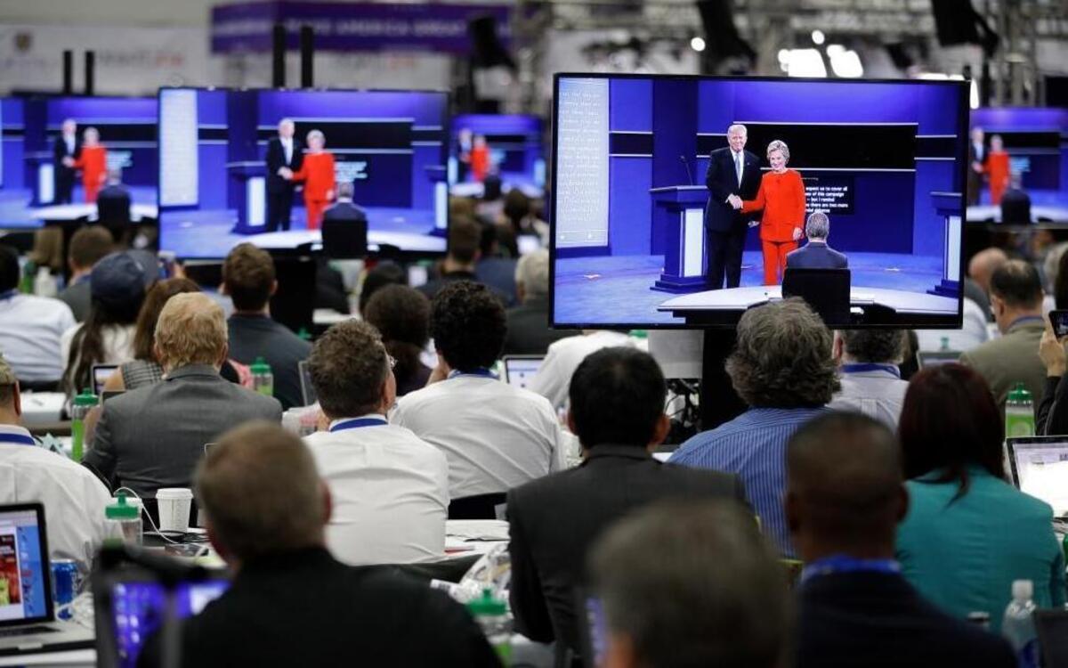 The view of the first presidential debate from the media center on Monday, Sept. 26, 2016, in Hempstead, N.Y.