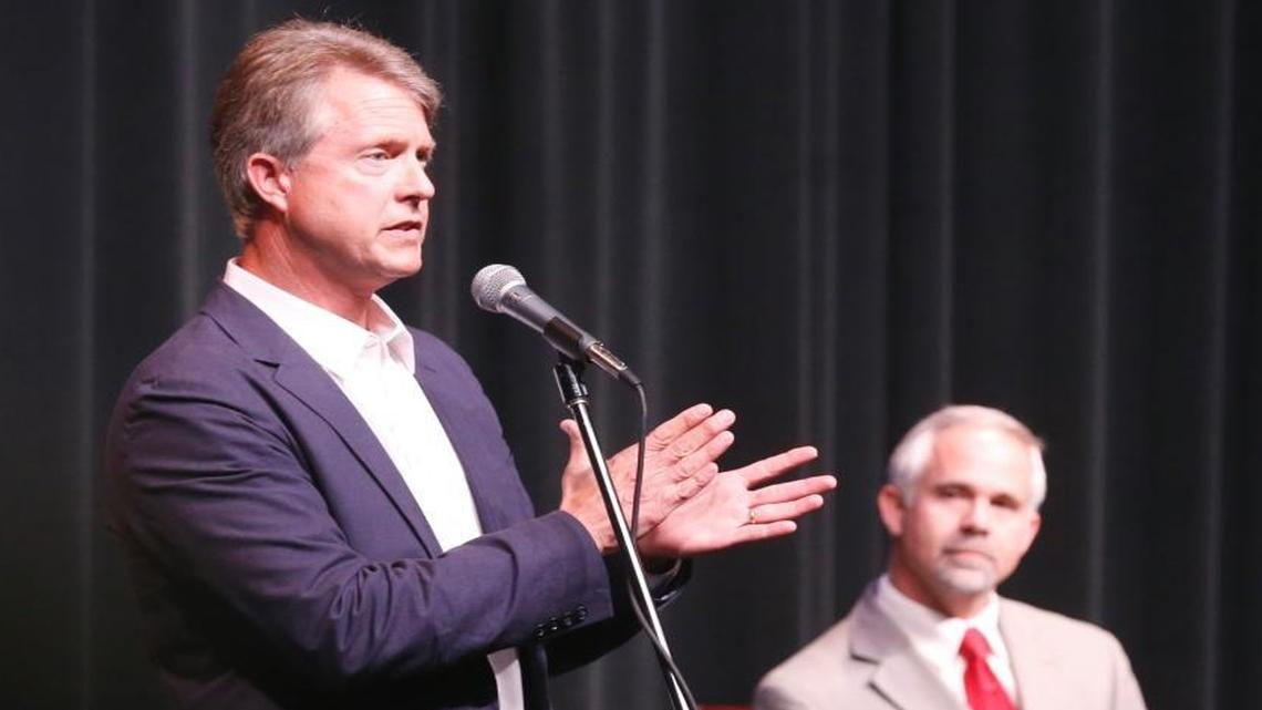 Republican congressional candidate Roger Marshall (left) during a debate with U.S. Rep. Tim Huelskamp of Kansas on June 27, 2016.