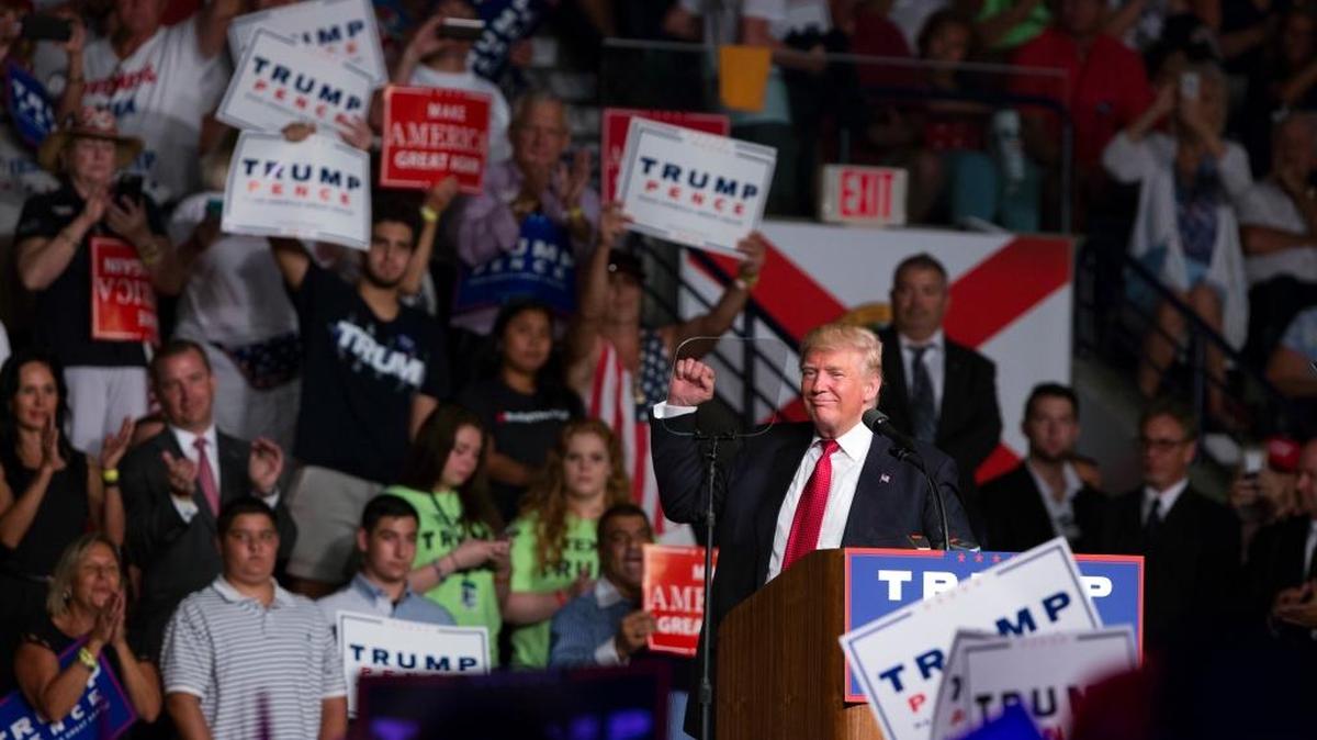 Republican presidential candidate Donald Trump speaks during a campaign rally at Germain Arena Monday in Ft. Myers, Fla.