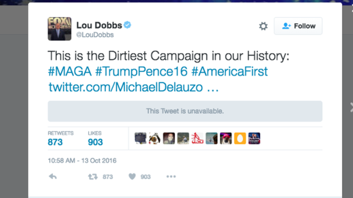 Fox Business News anchor Lou Dobbs retweeted a link that posted the phone number and address of a woman accusing Donald Trump of sexual assault.