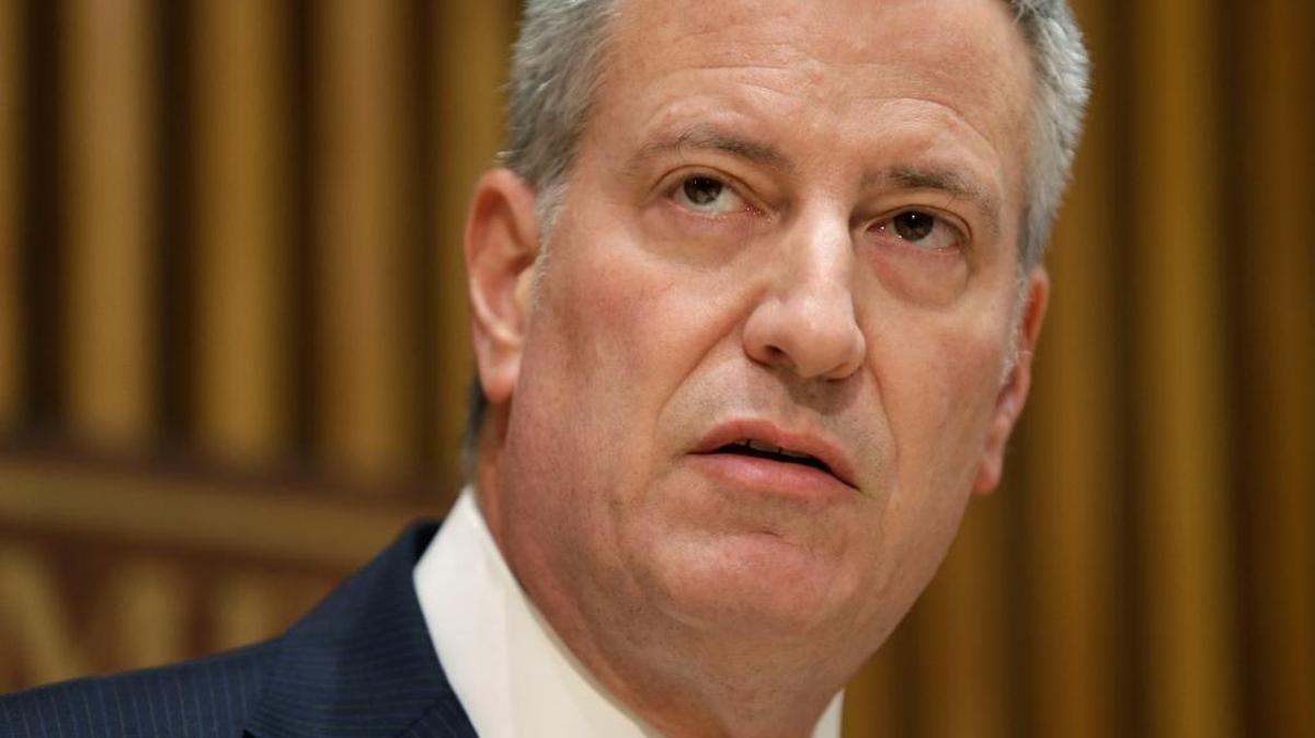 FILE - In this Oct. 21, 2015 file photo, New York City Mayor Bill de Blasio speaks during a media briefing in New York. De Blasio, a Democrat, announced during a Friday, Oct. 30, 2015 appearance on MSNBC's "Morning Joe" that he's backing Hillary Rodham Clinton for president.