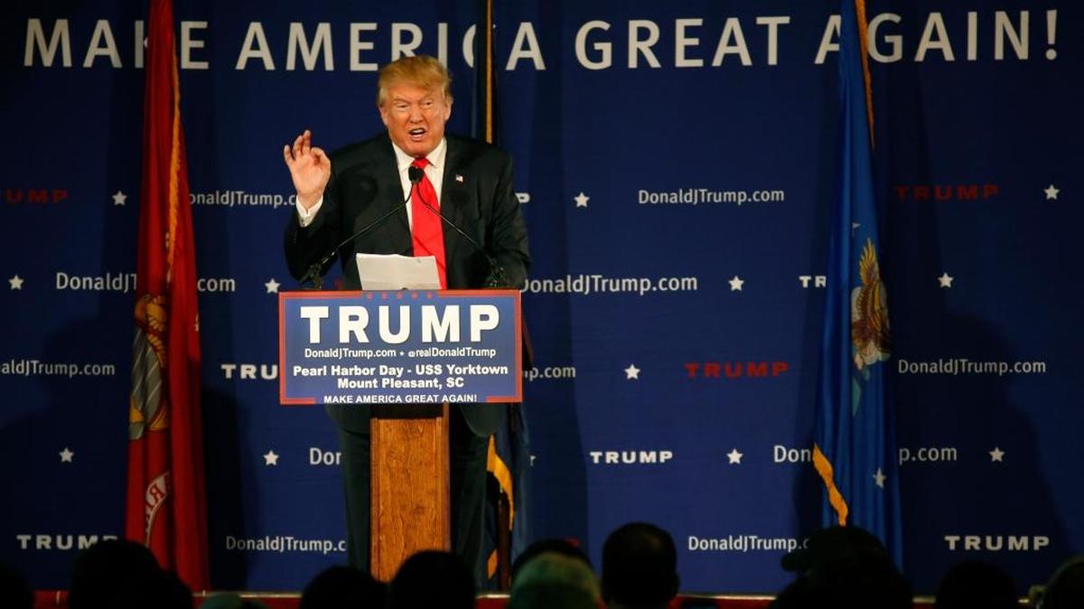 Republican presidential candidate, businessman Donald Trump, speaks during a rally coinciding with Pearl Harbor Day at Patriots Point aboard the aircraft carrier USS Yorktown in Mt. Pleasant, S.C., Monday, Dec. 7, 2015.
