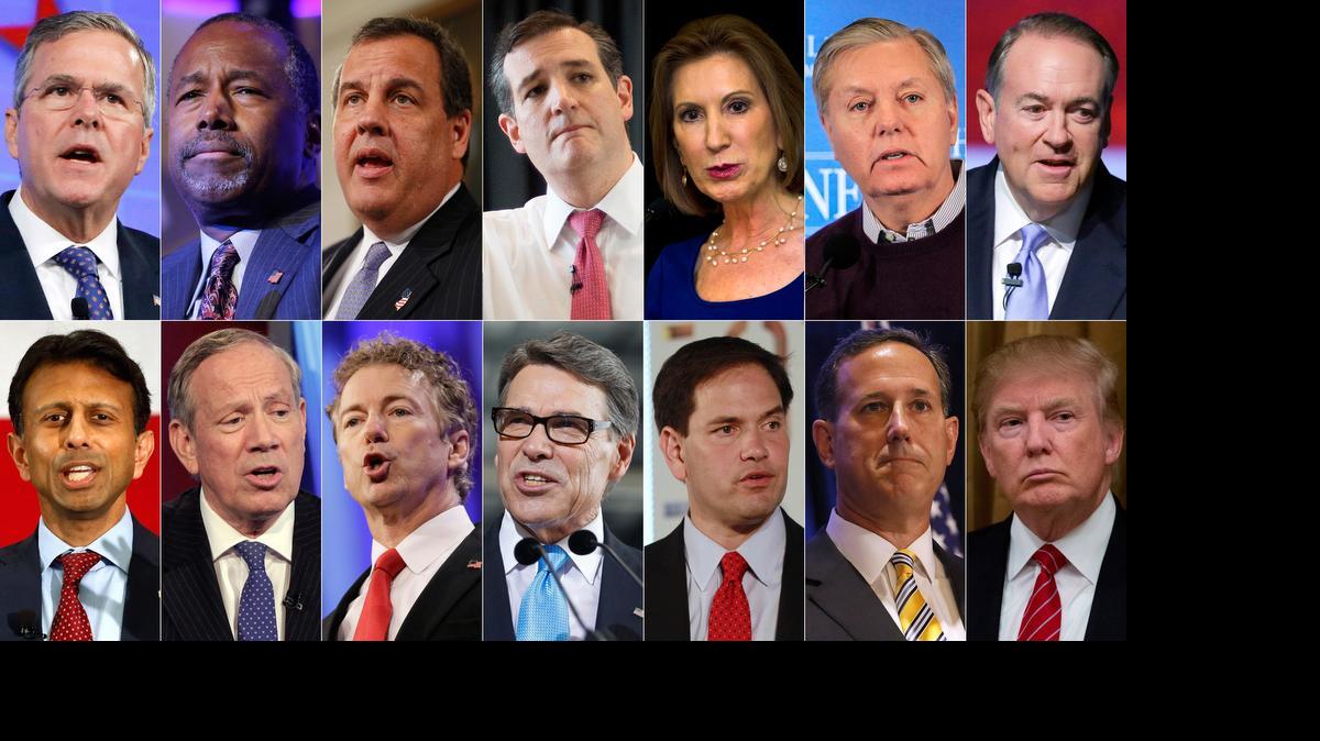 
The crowded Republican field is about to get more crowded Tuesday, when Ohio Gov. John Kasich joins the group. So far, it includes, from top left: Former Florida Gov. Jeb Bush, retired neurosurgeon Ben Carson, New Jersey Gov. Chris Christie, Texas U.S. Sen. Ted Cruz, former Hewlett-Packard CEO Carly Fiorina, South Carolina U.S. Sen. Lindsey Graham, and former Arkansas Gov. Mike Huckabee. Bottom row, from left, Louisiana Gov. Bobby Jindal, former New York Gov. George Pataki, Kentucky U.S. Sen. Rand Paul, former Texas Gov. Rick Perry, Florida U.S. Sen. Marco Rubio, former U.S. Sen. Rick Santorum, and real estate mogul Donald Trump. 
