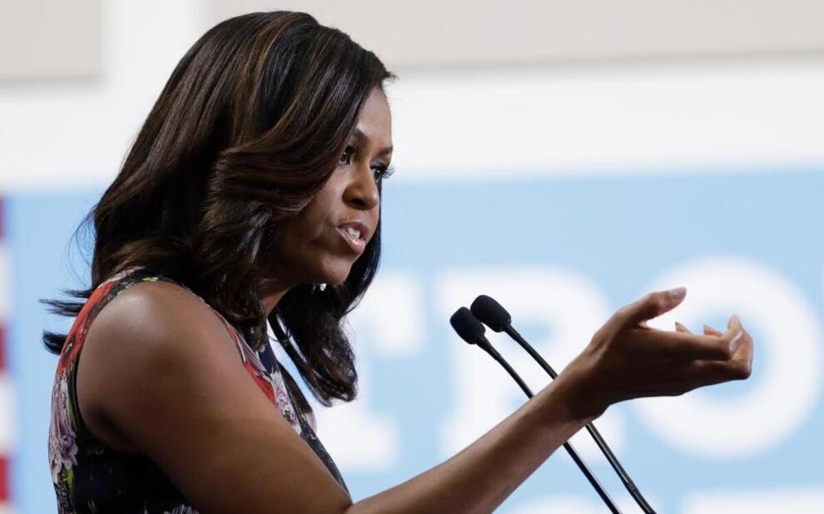 First lady Michelle Obama speaks during a campaign rally in support of Democratic presidential candidate Hillary Clinton and vice presidential candidate Tim Kaine at George Mason University in Fairfax, Va., on Friday, Sept. 16, 2016.