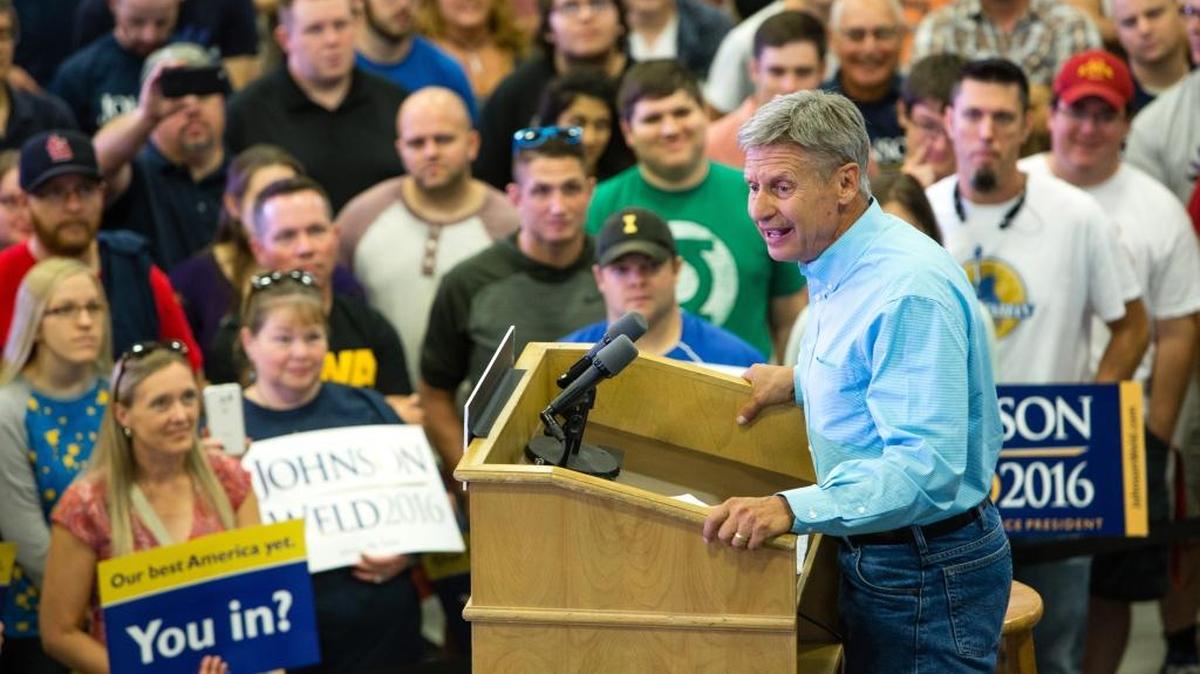 FILE - In this Sept. 3, 2016 file photo, Libertarian presidential candidate Gary Johnson speaks during a campaign rally at Grand View University in Des Moines, Iowa. First it was Bernie Sanders. Now it's Gary Johnson and Green Party presidential nominee Jill Stein being sized up by many young people. With barely a month to go, Hillary Clinton is still struggling to convince young voters who twice helped elect Barack Obama that she deserves their support.