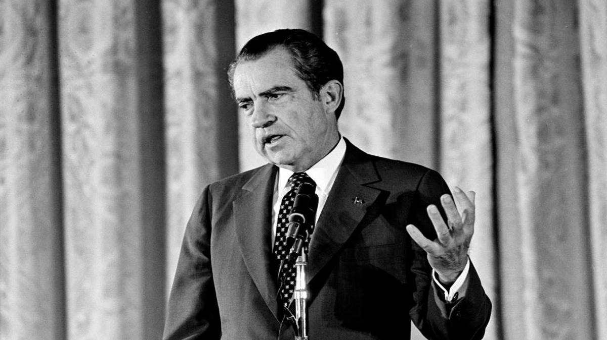 President Richard M. Nixon addresses winners and their family members during a presentation of the National Medal of Science Awards in the East Room at the White House in Washington on Oct. 10, 1973. Later in the day, Nixon learned that Vice President Spiro Agnew had resigned after pleading no contest to a charge of income tax evasion.