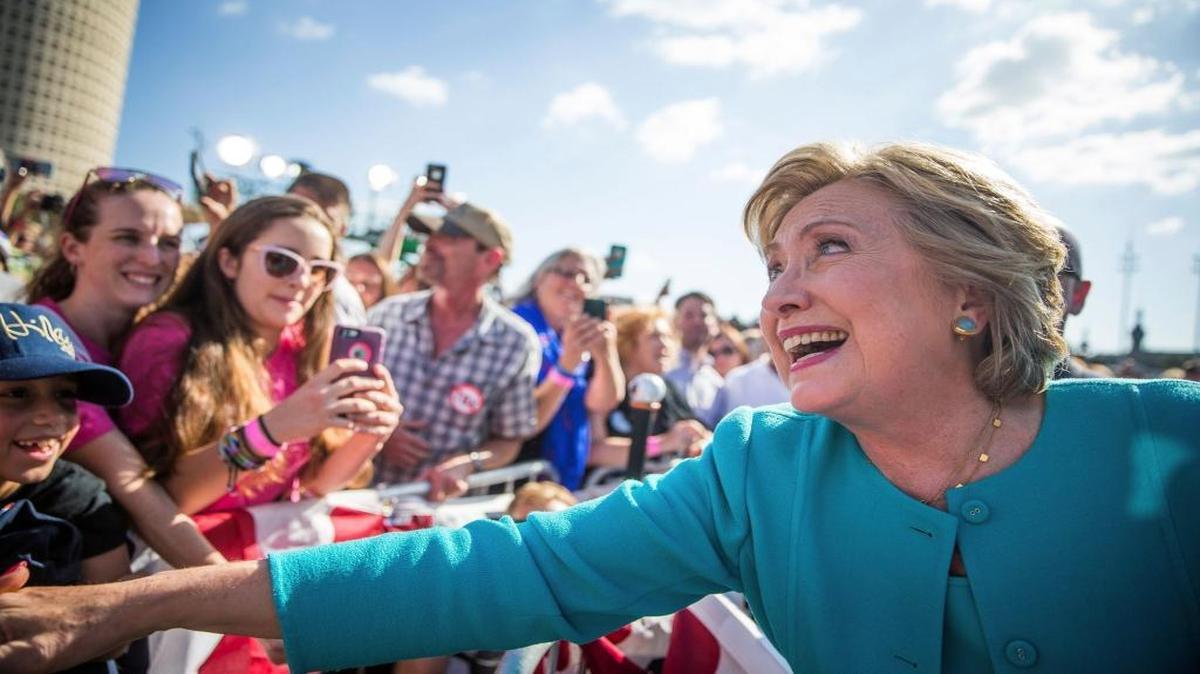 Democratic presidential nominee Hillary Clinton greets supporters following a "Get out the vote" rally at Curtis Hixon Waterfront Park, Wednesday, Oct. 26, 2016, in downtown Tampa, Fla.