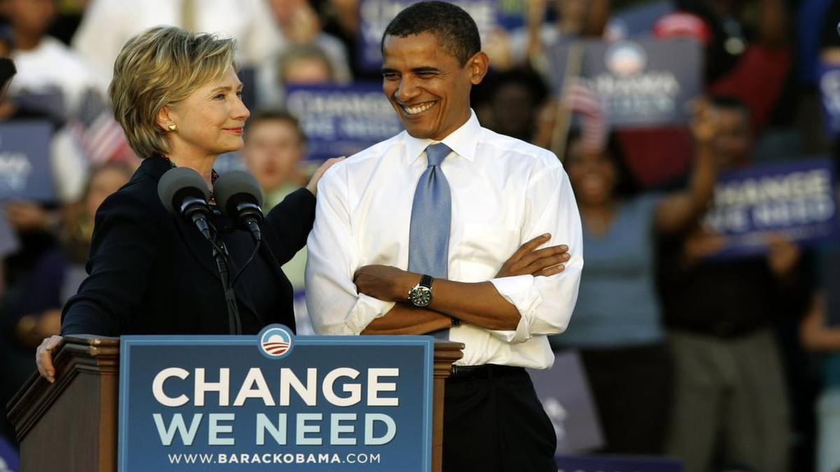 In this Oct. 20, 2008, photo, then-Sen. Hillary Clinton, D-N.Y. delivers a speech supporting Democratic presidential candidate Sen. Barack Obama, D-Ill., at a rally in Orlando, Fla. Clinton's 2008 presidential bid stumbled against Barack Obama, undermined by antiwar activists who opposed her vote to authorize the Iraq war, infighting among her staff and a large entourage in the early states where retail politics matter.