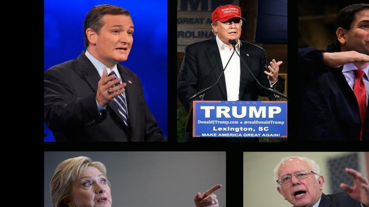 Republican presidential candidates Ted Cruz, Donald Trump, Marco Rubio, top left to right, and Democratic presidential candidates, Hillary Clinton and Bernie Sanders, bottom left to right.