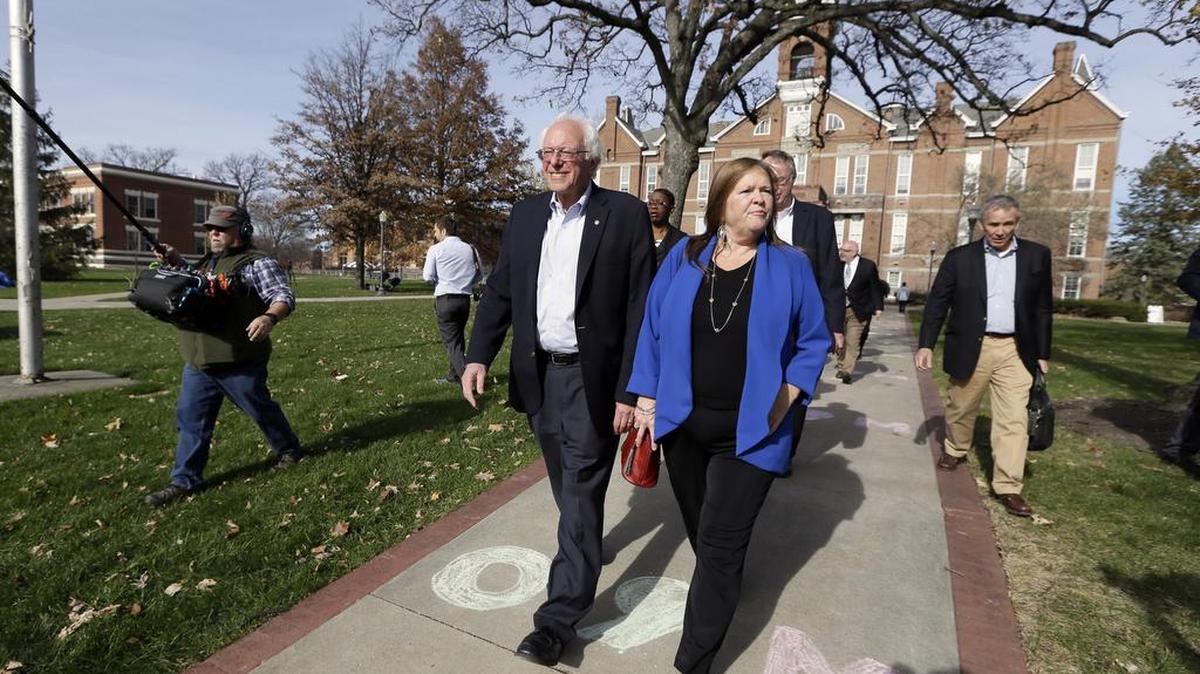 Democratic presidential candidate, Sen. Bernie Sanders, I-Vt, arrives at Drake University campus with his wife Jane Sanders before a Democratic presidential primary debate, Saturday, Nov. 14, 2015, in Des Moines, Iowa.