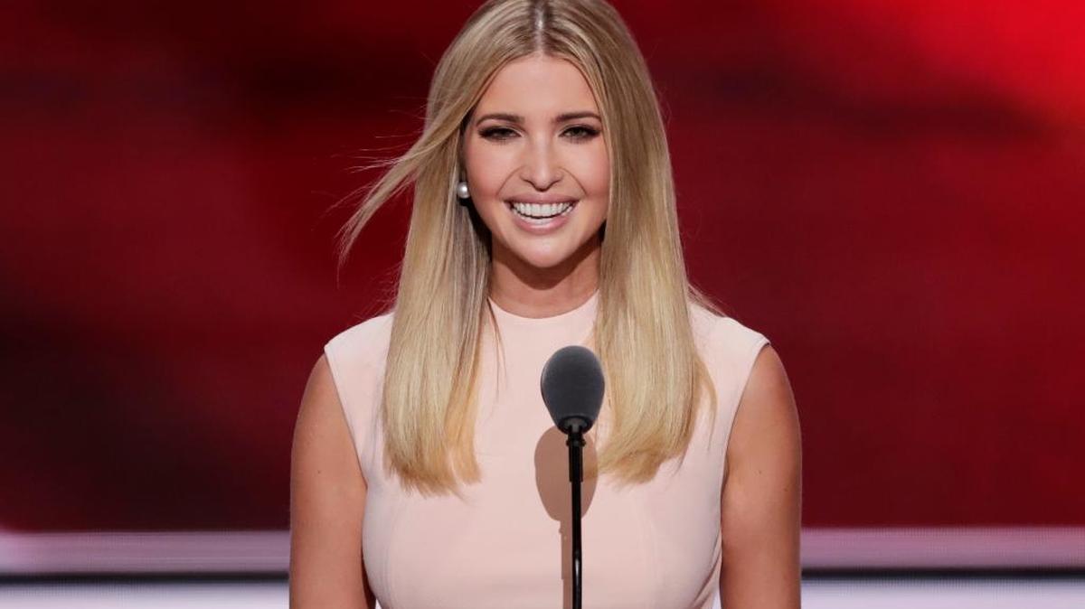 Ivanka Trump, daughter of Republican Presidential Nominee Donald J. Trump, speaks during the final day of the Republican National Convention in Cleveland, Thursday, July 21, 2016. Trump wore one of her own designer dresses.
