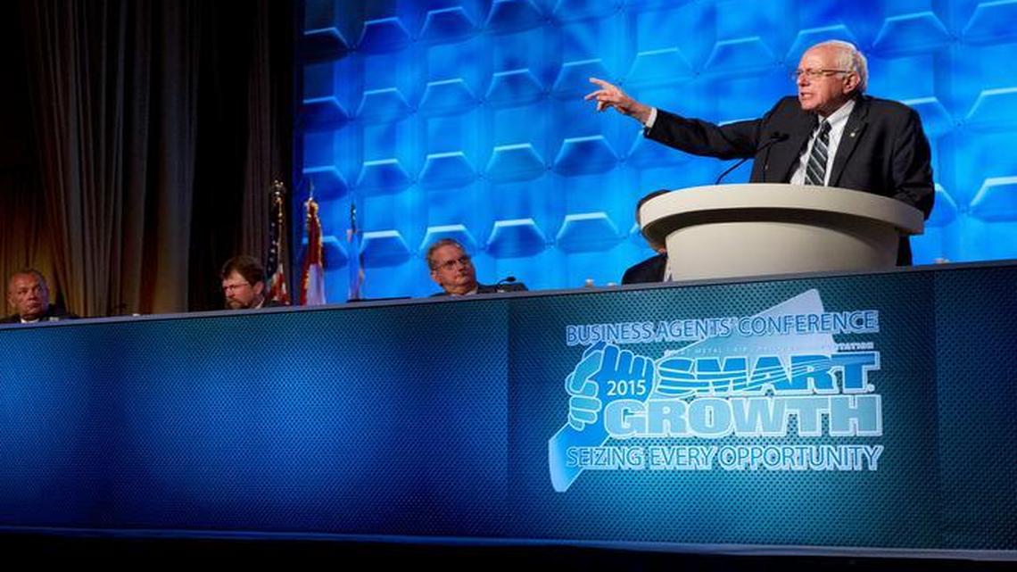 
Democratic presidential candidate Sen. Bernie Sanders of Vermont speaks at the International Association of Sheet Metal, Air, Rail, and Transportation Workers Conference, Tuesday, July 28, 2015, in Washington.
