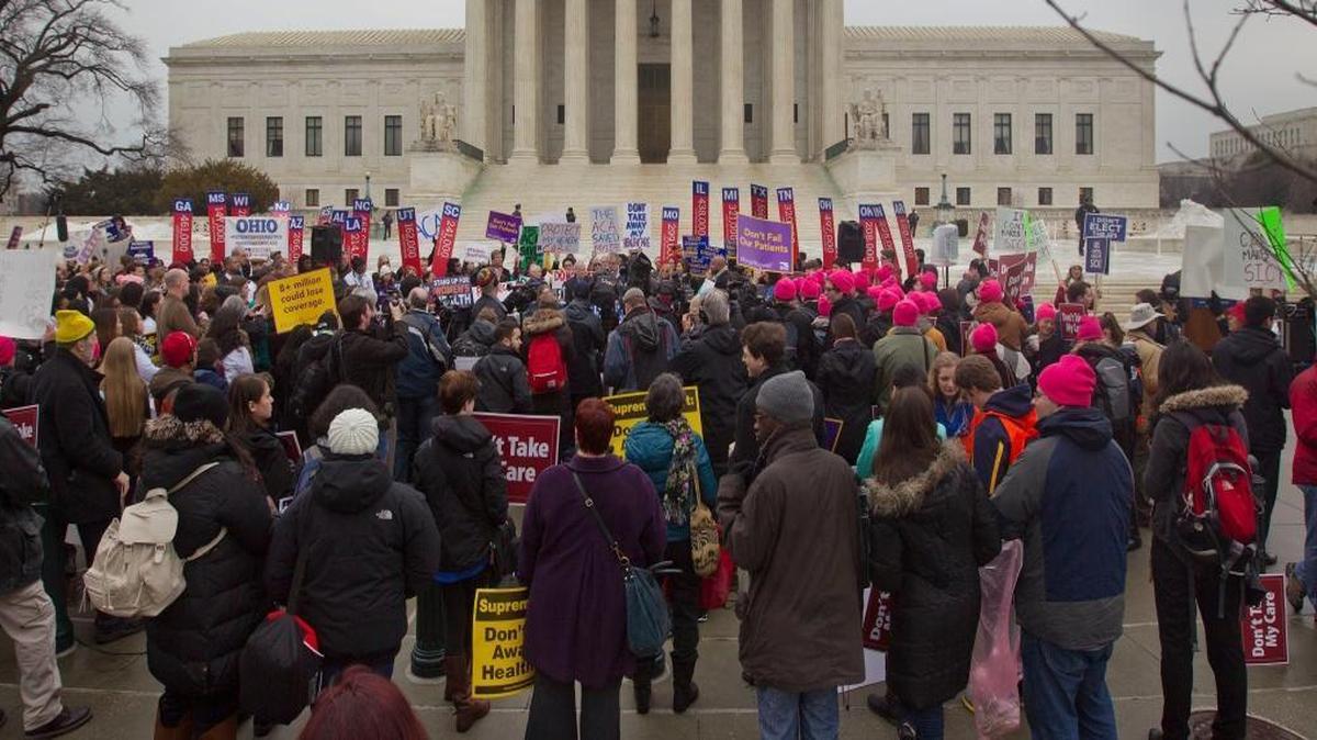 A handful of Republican senators are preemptively threatening to block Hillary Clinton’s judicial nominees, if she’s elected president. Here, a crowd is pictured gathered outside the Supreme Court in Washington, D.C., on March 4, 2015, as the court hears arguments in King v. Burwell, a major test of President Barack Obama's health overhaul.