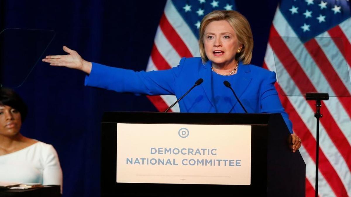 
Democratic presidential candidate, Hillary Rodham Clinton, addresses the summer meeting of the Democratic National Committee, Friday, Aug. 28, 2015, in Minneapolis. 
