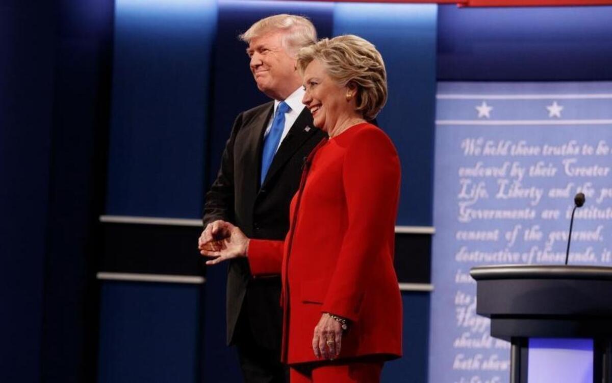 Republican presidential candidate Donald Trump shakes hands with Democratic presidential candidate Hillary Clinton during their first presidential debate, at Hofstra University on Monday, Sept. 26, 2016, in Hempstead, N.Y.