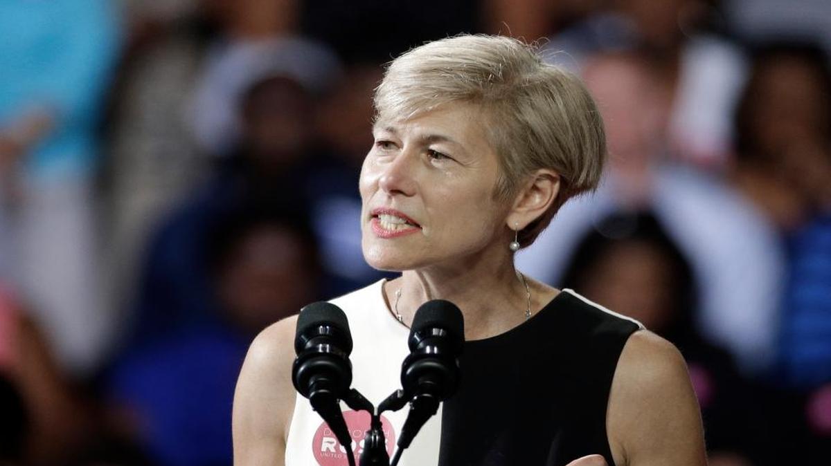 FILE – North Carolina Democratic Senate candidate Deborah Ross addresses the crowd before speaking at a campaign rally for Hillary Clinton in Charlotte, N.C., on July 5, 2016.