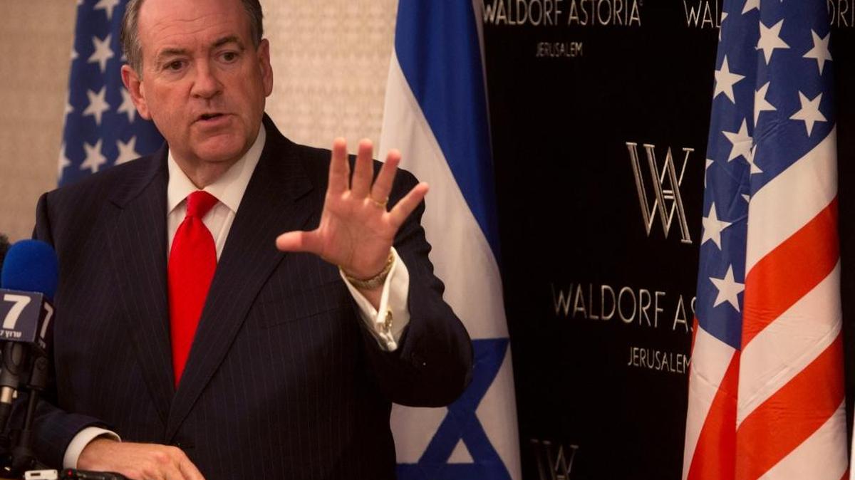
Republican presidential hopeful Mike Huckabee gestures as he speaks during a press conference in Jerusalem, Wednesday, Aug. 19, 2015.
