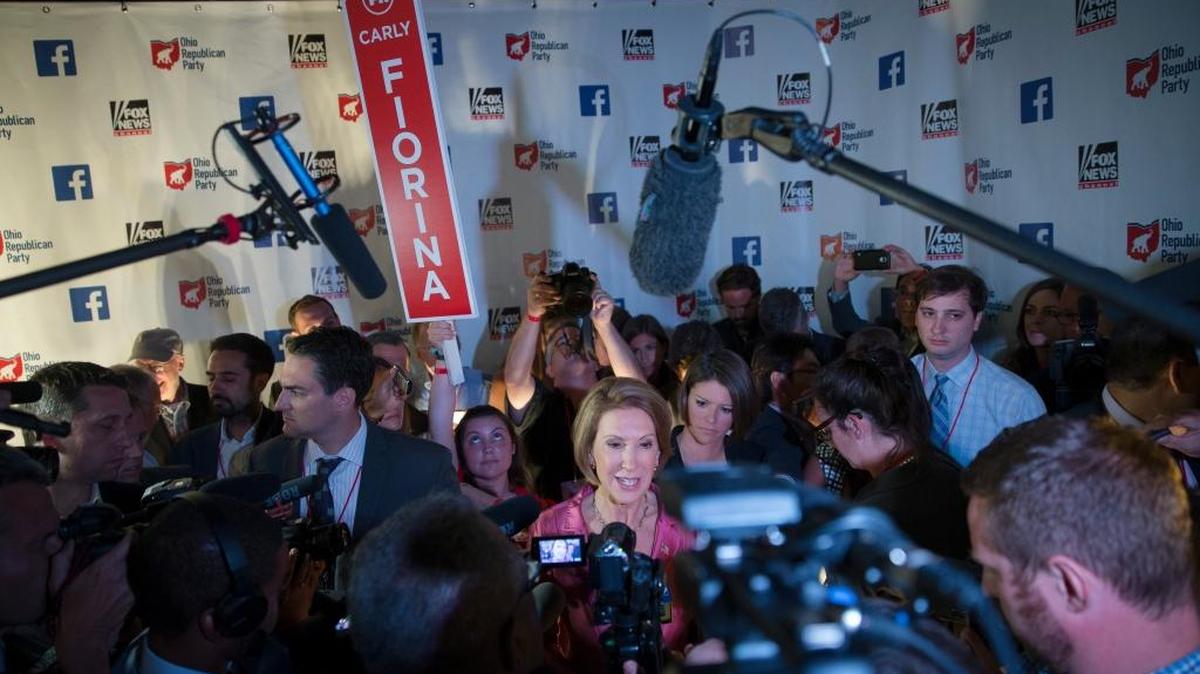 
Republican presidential candidate Carly Fiorina speaks to the media after debating six rivals for the Republican presidential nomination. Fiorina’s performance has boosted her standing in the crowded field.
