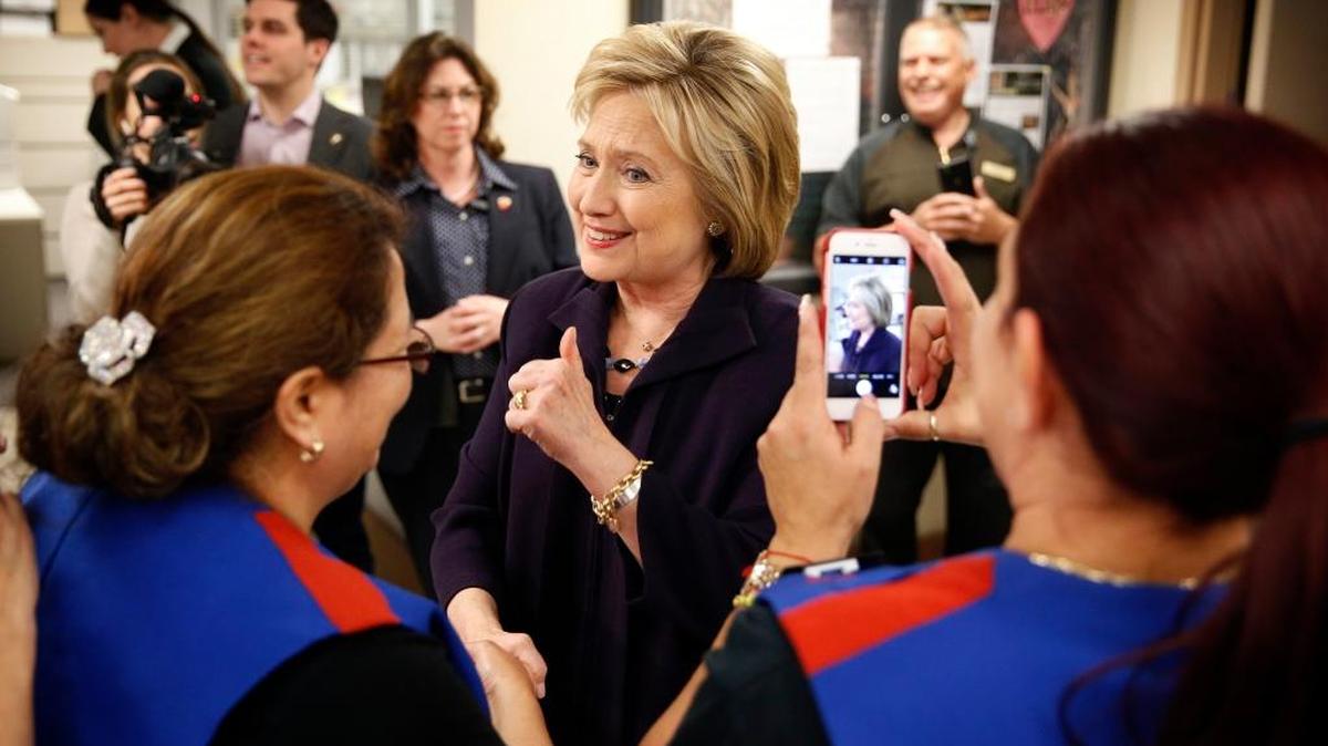 Democratic presidential candidate Hillary Clinton meets with employees of Paris Las Vegas during a visit to the hotel and casino Thursday, Feb. 18, 2016, in Las Vegas.