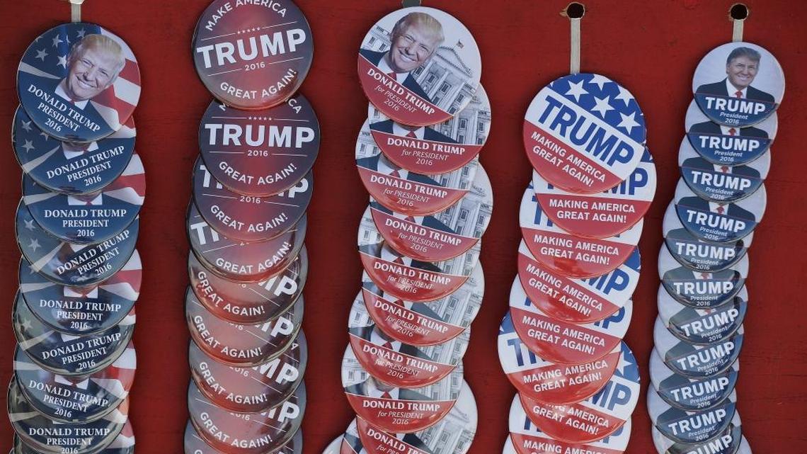 Buttons supporting Republican presidential candidate Donald Trump are pictured before a rally Tuesday in Westfield, Ind.