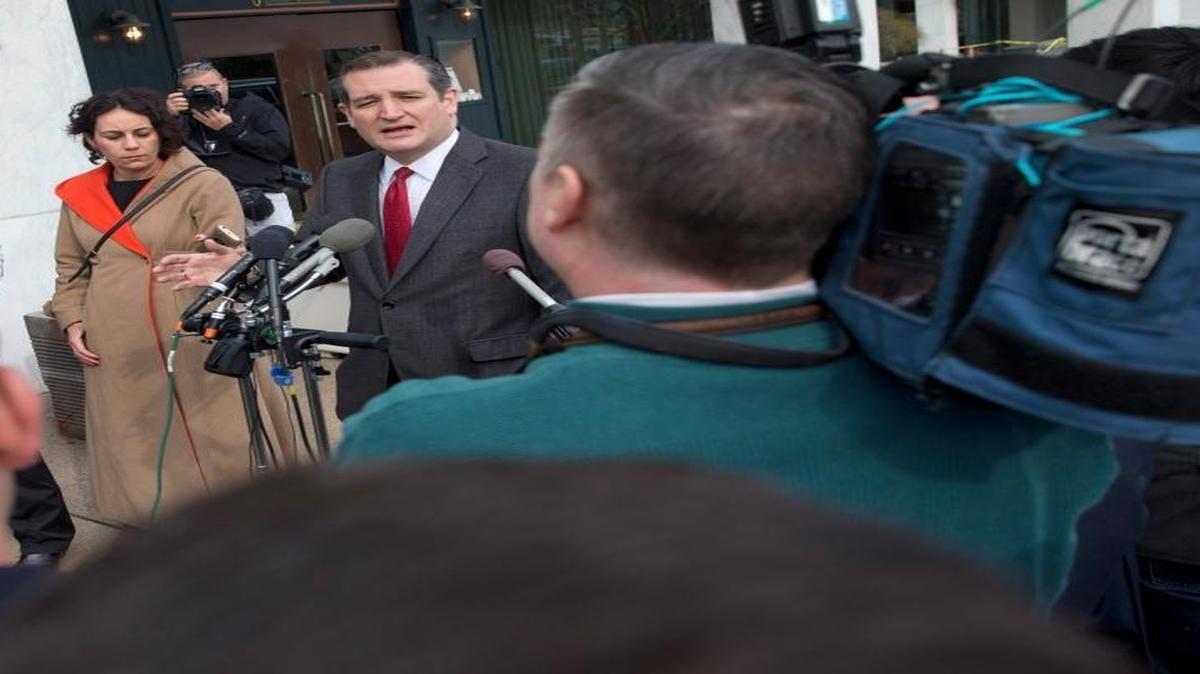 Republican presidential candidate, Sen. Ted Cruz, R-Texas speaks to the media about events in Brussels, Tuesday, March 22, 2016, near the Capitol in Washington. Cruz said he would use the "full force and fury" of the U.S. military to defeat the Islamic State group.
