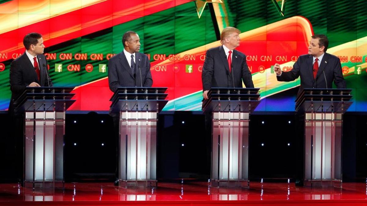 Ted Cruz, Marco Rubio, Ben Carson and Donald Trump were among nine Republicans debating on the main stage last week. They could return next month, but perhaps with only two other Republicans joining them. (AP Photo/John Locher)