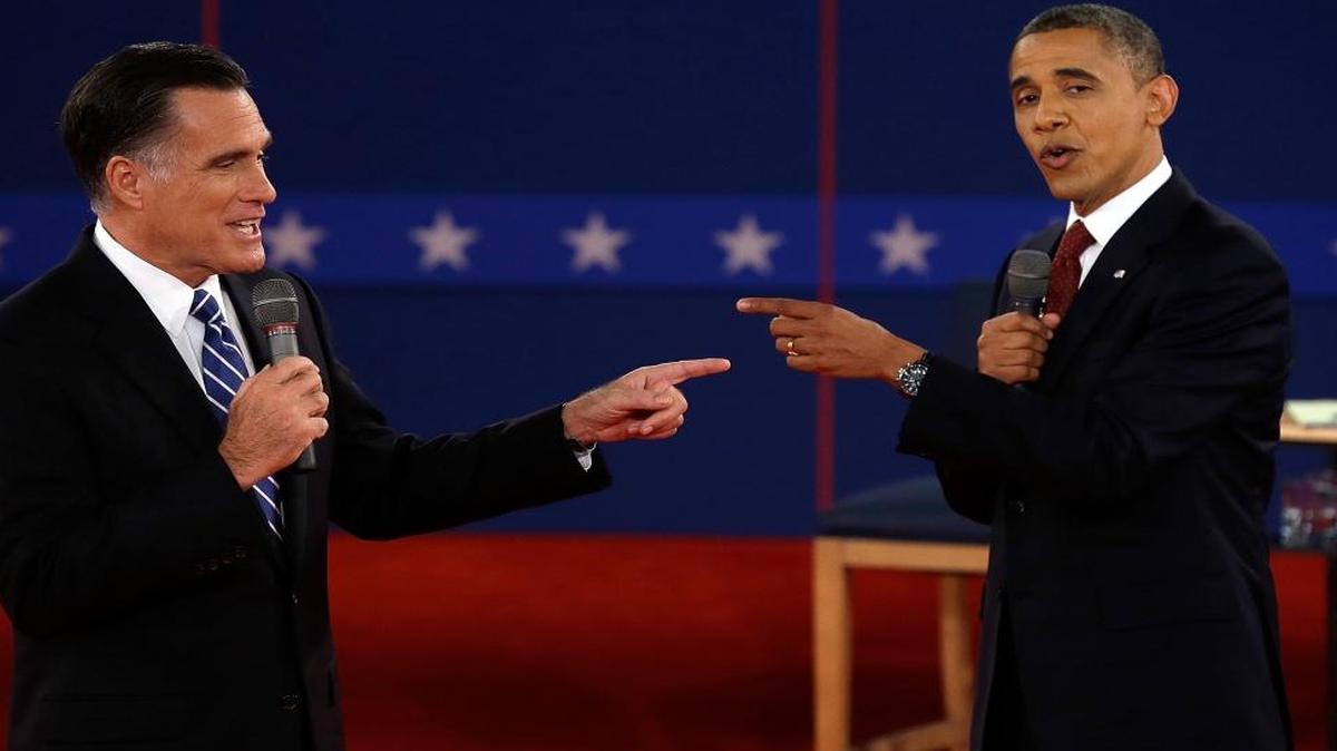 Mitt Romney and Barack Obama spar during the second presidential debate in October 2012 at Hofstra University.