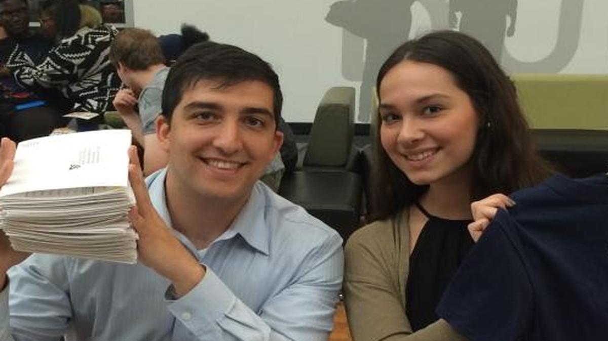 Malek Khawam, left, and Samia Shaheen participate in an Arab American Institute voter registration drive at Cleveland State University on Oct. 10, 2016.