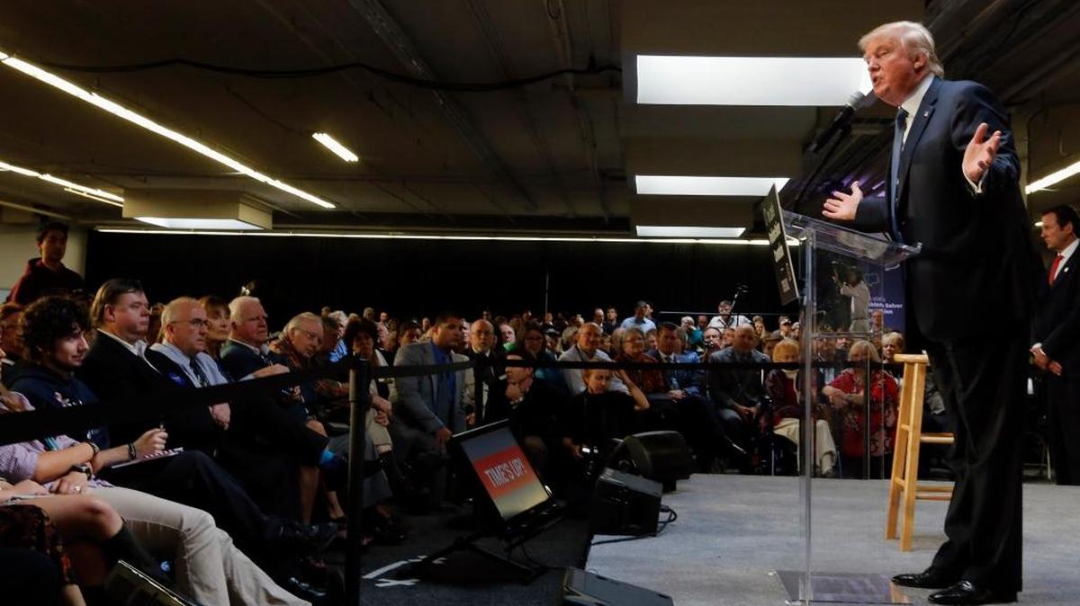 
Republican presidential candidate Donald Trump speaks during a No Labels Problem Solver convention Monday in New Hampshire., Monday, Oct. 12, 2015, in Manchester, N.H. (AP Photo/Jim Cole)
