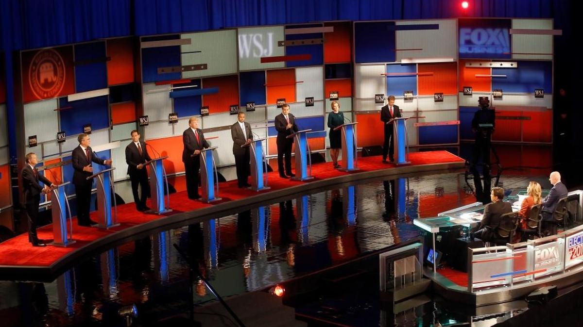 Republican presidential candidates John Kasich, Jeb Bush, Marco Rubio, Donald Trump, Ben Carson, Ted Cruz, Carly Fiorina and Rand Paul appear during Republican presidential debate at Milwaukee Theatre, Tuesday, Nov. 10, 2015, in Milwaukee.