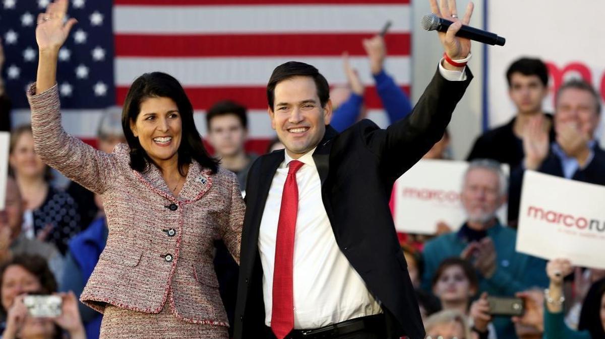 Gov. Nikki Haley, R-South Carolina, left, campaigns with Republican presidential candidate Sen. Marco Rubio, R-Florida, in Chapin, S.C., on Thursday, Feb. 18, 2016.
