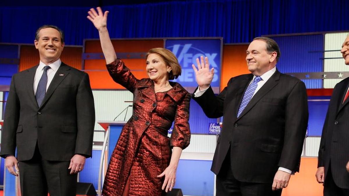 None of these candidates, shown at an Iowa showdown Jan. 28, 2016, will be on ABC’s debate stage Saturday night. They are, from left, former Pennsylvania Sen. Rick Santorum, businesswoman Carly Fiorina, former Arkansas Gov. Mike Huckabee and former Virginia Gov. Jim Gilmore. Santorum and Huckabee are out of the race; Fiorina and Gilmore didn’t make ABC’s cutoff for poll support.