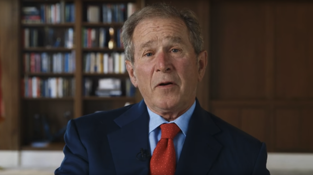 Former President George W. Bush, sitting in a library with an American flag halfway out of frame, told viewers that “our future depends upon you casting a ballot.”