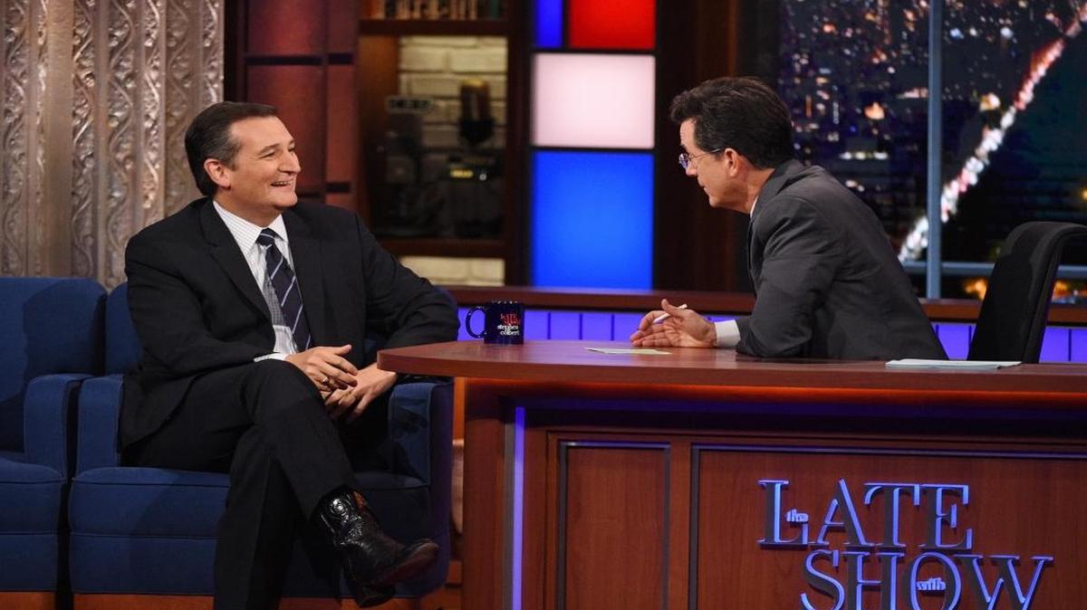 
In this photo provided by CBS, Senator and Republican candidate for president, Ted Cruz, left, speaks with host Stephen Colbert on "The Late Show with Stephen Colbert," Monday, Sept. 21, 2015, in New York. 
