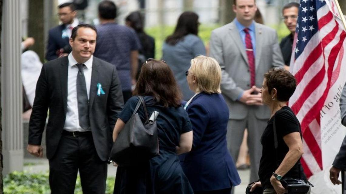 Democratic presidential candidate Hillary Clinton, departs after attending a ceremony for the 15th anniversary of the attacks of the World Trade Center at the National September 11 Memorial, in New York, Sunday, Sept. 11, 2016.