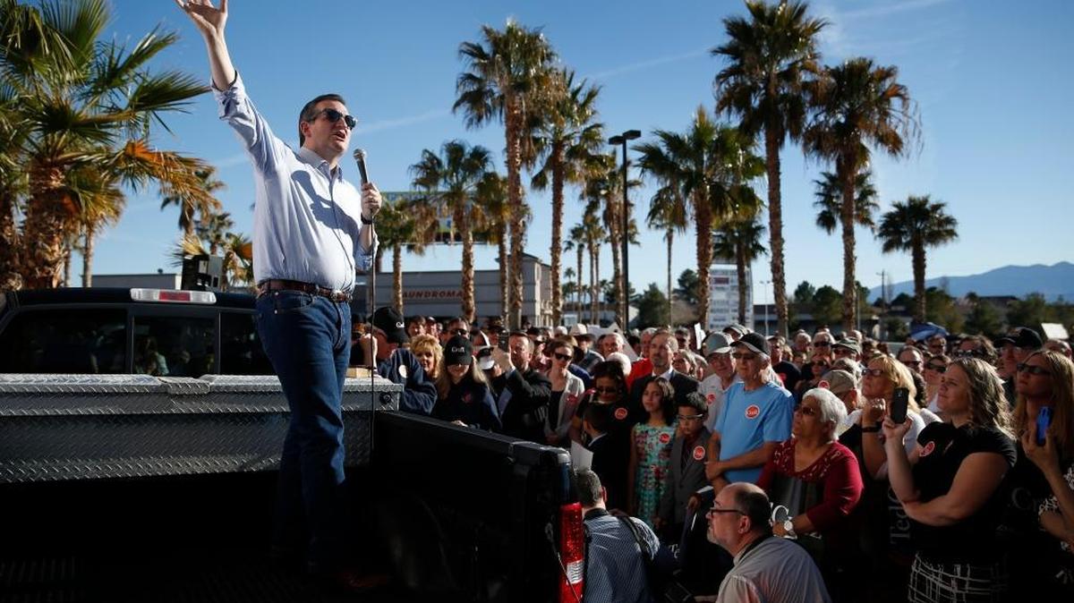 Republican presidential candidate, Sen. Ted Cruz, R-Texas, speaks from the bed of a truck at a rally Sunday, Feb. 21, 2016, in Pahrump, Nev.