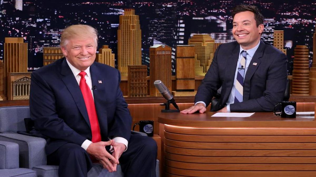 In this image released by NBC, Republican presidential candidate Donald Trump appears with host Jimmy Fallon during a taping of "The Tonight Show Starring Jimmy Fallon," Thursday.