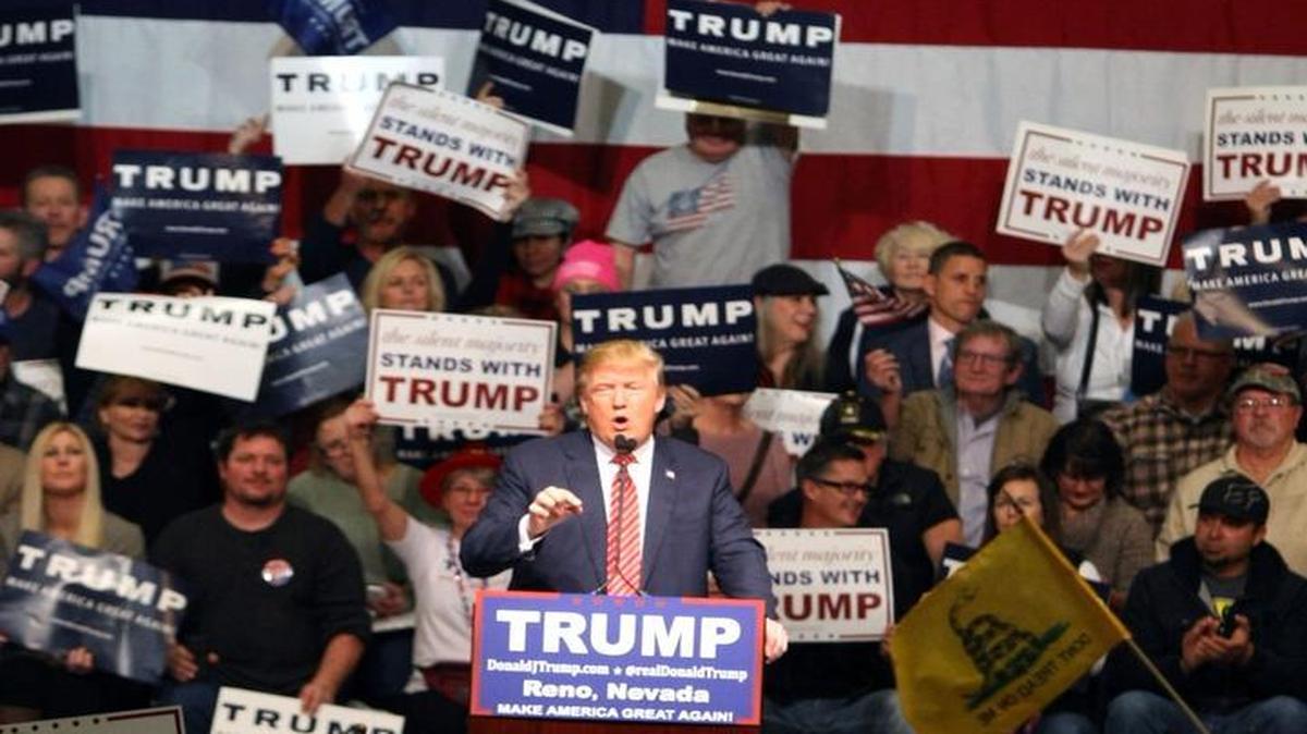 Republican presidential candidate Donald Trump speaks during a rally at the Reno Ballroom and Museum in Reno. He’ll be at center state at Thursday’s main GOP debate in South Carolina.